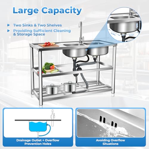 Utility Sink, 2 Compartment Stainless Steel Commercial Kitchen Prep & Utility Sink with Drainboard - Expanded Size 47" x 33" x 17"