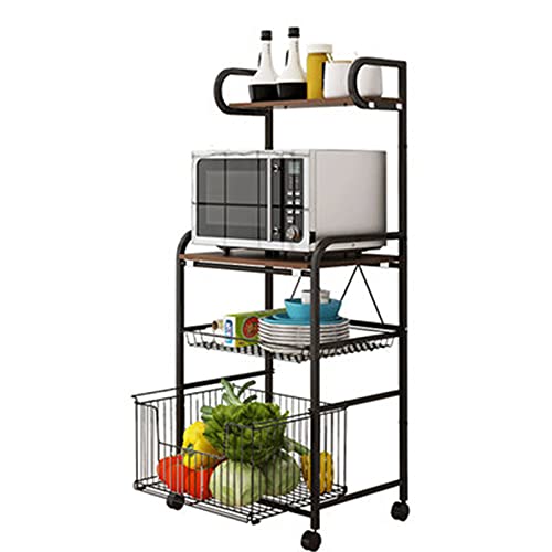 Gdrasuya10 Kitchen Baker's Rack Microwave Stand Cart on Wheels 4 Tier Shelves with Large Metal Baskets Utility Storage Shelf Rolling Cart Fruit Vegetable Kitchen Organizer Rack