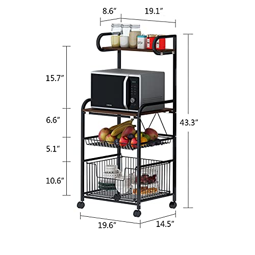 Gdrasuya10 Kitchen Baker's Rack Microwave Stand Cart on Wheels 4 Tier Shelves with Large Metal Baskets Utility Storage Shelf Rolling Cart Fruit Vegetable Kitchen Organizer Rack