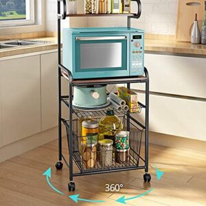 Gdrasuya10 Kitchen Baker's Rack Microwave Stand Cart on Wheels 4 Tier Shelves with Large Metal Baskets Utility Storage Shelf Rolling Cart Fruit Vegetable Kitchen Organizer Rack