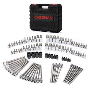 casoman 107 pieces bit socket set, 1/4", 3/8" and 1/2" drive, torx/extra long torx/tamper proof torx/hex/ball end hex, sae/metric, s2 steel bits