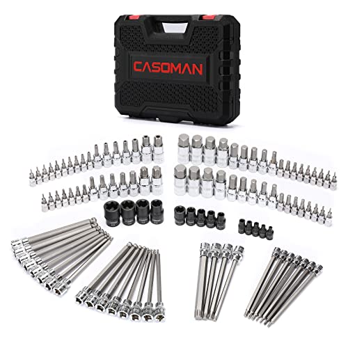 CASOMAN 107 Pieces Bit Socket Set, 1/4", 3/8" and 1/2" Drive, Torx/Extra Long Torx/Tamper Proof Torx/Hex/Ball End Hex, SAE/Metric, S2 Steel Bits