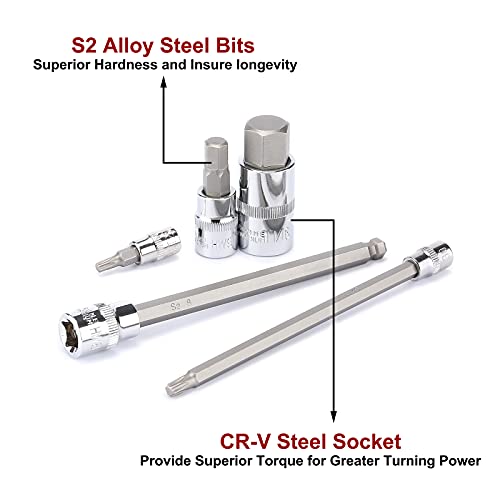 CASOMAN 107 Pieces Bit Socket Set, 1/4", 3/8" and 1/2" Drive, Torx/Extra Long Torx/Tamper Proof Torx/Hex/Ball End Hex, SAE/Metric, S2 Steel Bits