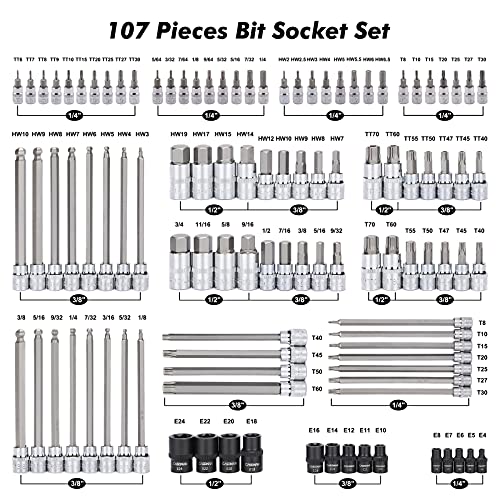 CASOMAN 107 Pieces Bit Socket Set, 1/4", 3/8" and 1/2" Drive, Torx/Extra Long Torx/Tamper Proof Torx/Hex/Ball End Hex, SAE/Metric, S2 Steel Bits