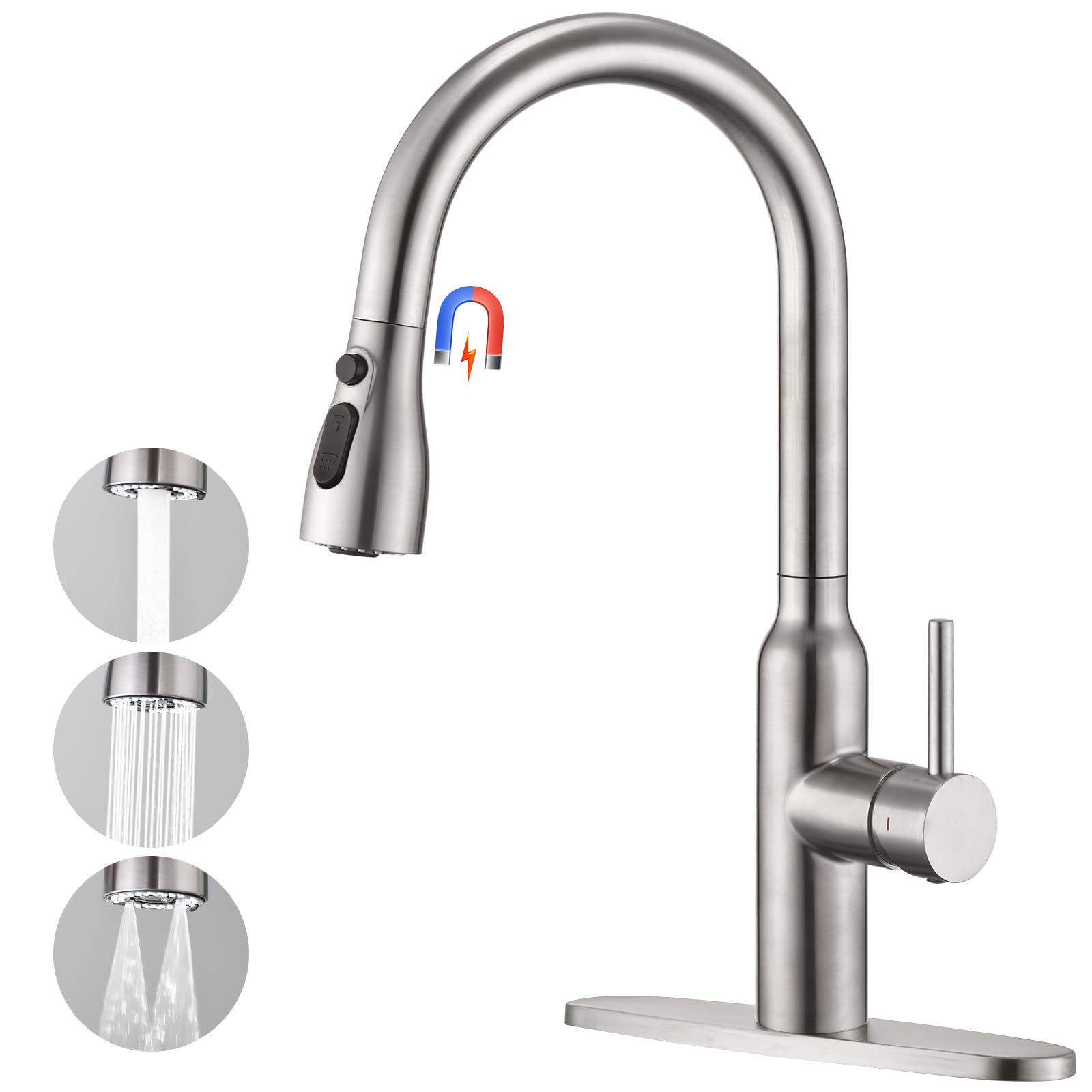 CREA Kitchen Faucet,Kitchen Faucet with Pull Down Sprayer,RV Kitchen Sink Faucet,Stainless Steel Kitchen Faucet Single Handle 3 or 1 Hole High Arc Mixer Water Faucet for Kitchen Sink Farmhouse Camper