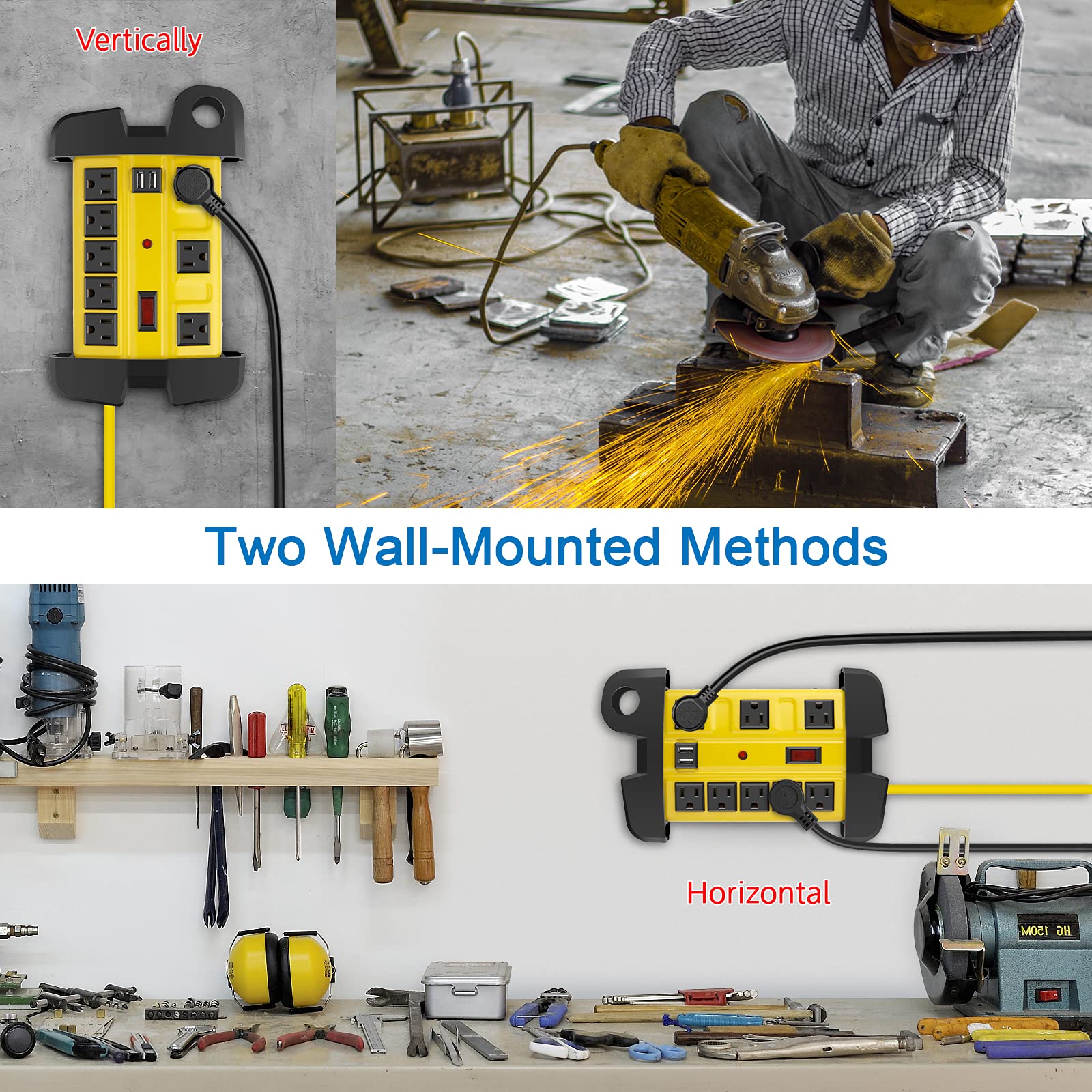 CCCEI Heavy Duty Power Strip with USB, Workshop 8 Outlet Surge Protector 2700 Joules, Industrial Metal 15Amp Power Strip, 6FT Extension Cord and Wide Spaced, Yellow