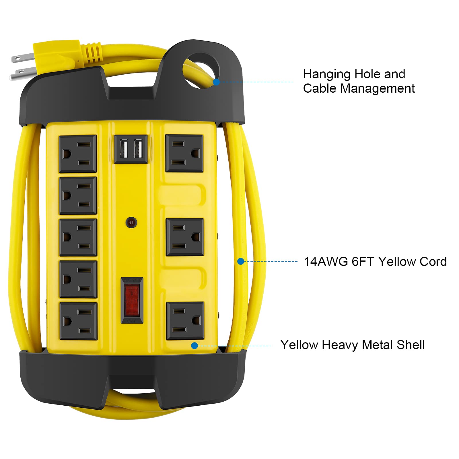 CCCEI Heavy Duty Power Strip with USB, Workshop 8 Outlet Surge Protector 2700 Joules, Industrial Metal 15Amp Power Strip, 6FT Extension Cord and Wide Spaced, Yellow