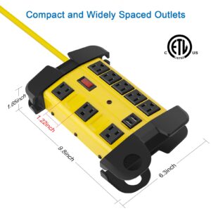 CCCEI Heavy Duty Power Strip with USB, Workshop 8 Outlet Surge Protector 2700 Joules, Industrial Metal 15Amp Power Strip, 6FT Extension Cord and Wide Spaced, Yellow