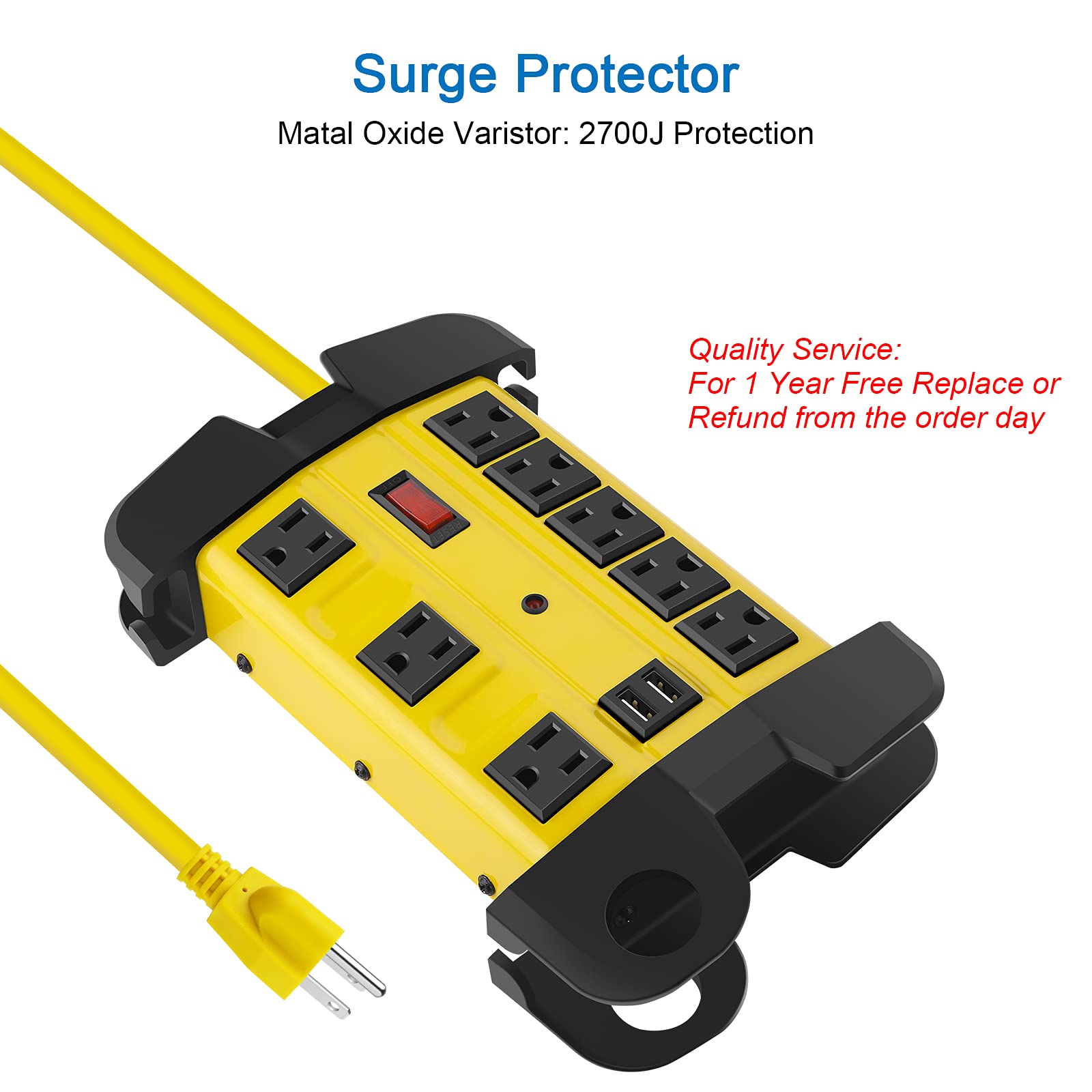 CCCEI Heavy Duty Power Strip with USB, Workshop 8 Outlet Surge Protector 2700 Joules, Industrial Metal 15Amp Power Strip, 6FT Extension Cord and Wide Spaced, Yellow