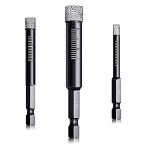 dry diamond drill bits set 3 packs for granite porcelain tile ceramic marble size 1/4“ (6mm), 5/16” (8mm), 3/8” (10mm), with quick change 1/4” hex shank and storage cases