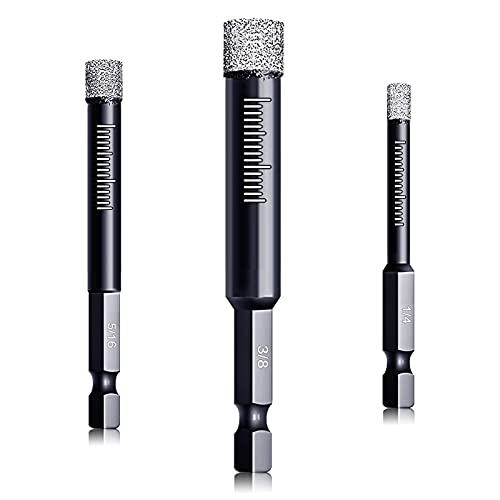 Dry Diamond Drill Bits Set 3 Packs for Granite Porcelain Tile Ceramic Marble Size 1/4“ (6mm), 5/16” (8mm), 3/8” (10mm), with Quick Change 1/4” Hex Shank and Storage Cases