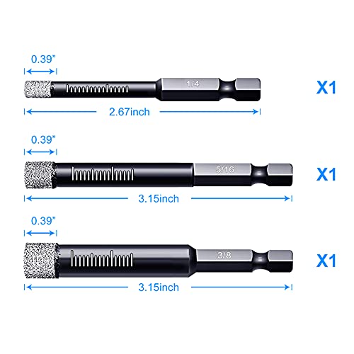 Dry Diamond Drill Bits Set 3 Packs for Granite Porcelain Tile Ceramic Marble Size 1/4“ (6mm), 5/16” (8mm), 3/8” (10mm), with Quick Change 1/4” Hex Shank and Storage Cases