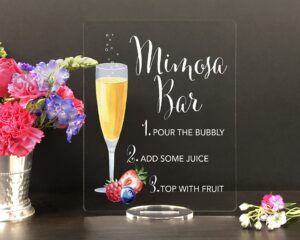 mimosa bar with strawberries and blueberries, open bar wedding bar menu sign and cocktail bar sign for wedding and special events.