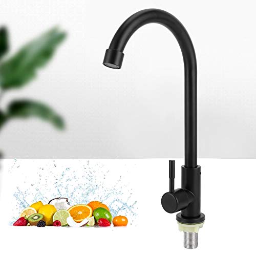 Hyuduo Kitchen Water Tap, G1/2 90 Degree Rotating Single Cold Kitchen Sink Basin Faucet, Stainless Steel, Matte Black,washbasin Faucet