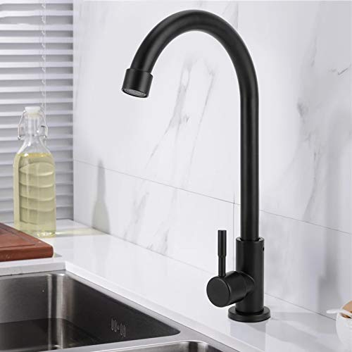 Hyuduo Kitchen Water Tap, G1/2 90 Degree Rotating Single Cold Kitchen Sink Basin Faucet, Stainless Steel, Matte Black,washbasin Faucet