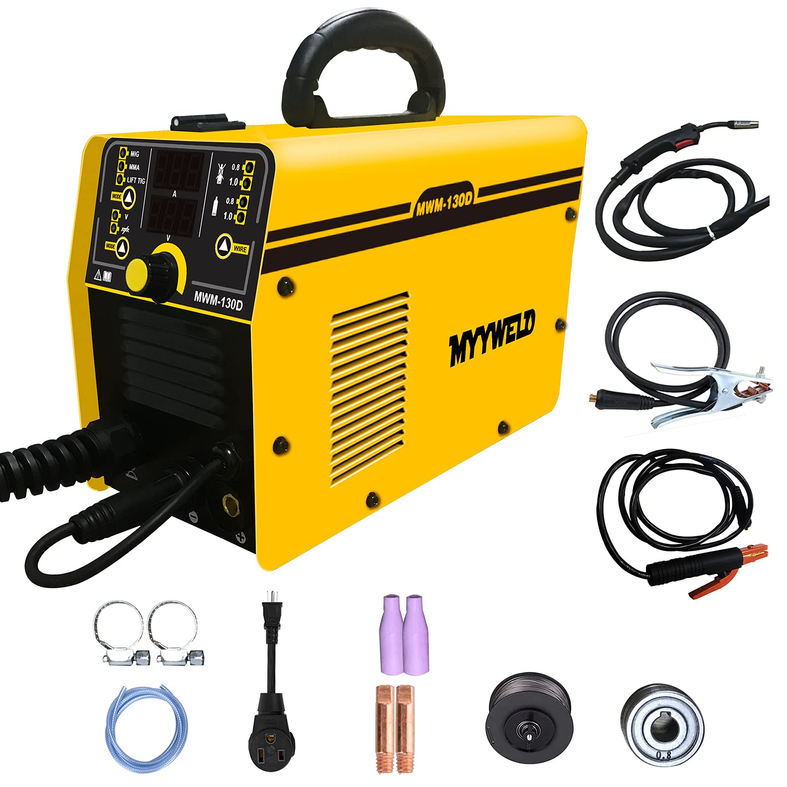 MYYWELD Mig Welder 130D, 110/220V Dual Voltage Gas/Gasless multiprocess welder, Solid Wire/Flux MIG/Stick ARC/Lift TIG 4 in 1, IGBT Inverter Welding Machine