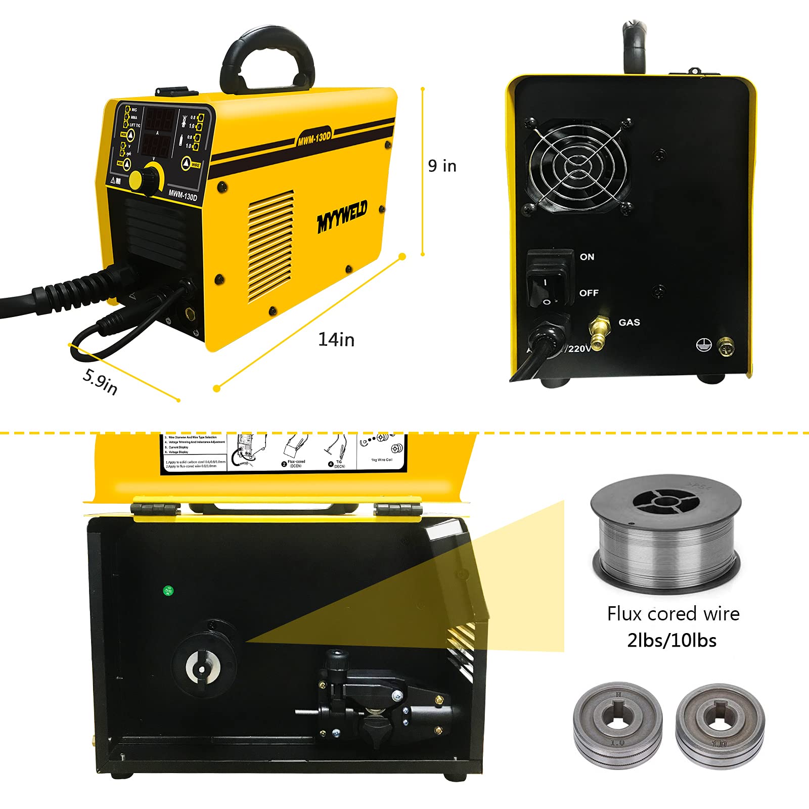 MYYWELD Mig Welder 130D, 110/220V Dual Voltage Gas/Gasless multiprocess welder, Solid Wire/Flux MIG/Stick ARC/Lift TIG 4 in 1, IGBT Inverter Welding Machine