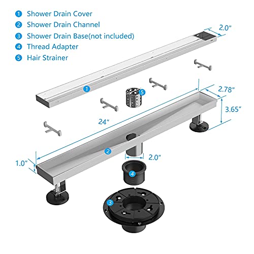 ZEKOO Linear Shower Drain 24 Inch, 2 in 1 Brushed Nickel Shower Drain, 304 Stainless Steel Linear Drain with Tile Insert Grate, Rectangle Shower Floor Drain