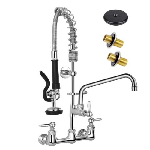 8 Inch Center Wall Mount Commercial Sink Faucet with Sprayer, 26'' Height with Pull Down Pre-Rinse Sprayer & 12" spout, with Thickened Hose for 2-3 Compartment Utility Sink