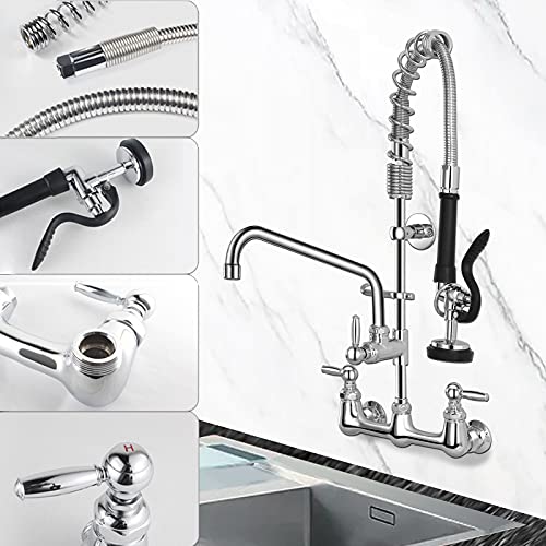 8 Inch Center Wall Mount Commercial Sink Faucet with Sprayer, 26'' Height with Pull Down Pre-Rinse Sprayer & 12" spout, with Thickened Hose for 2-3 Compartment Utility Sink