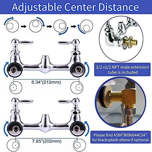 8 Inch Center Wall Mount Commercial Sink Faucet with Sprayer, 26'' Height with Pull Down Pre-Rinse Sprayer & 12" spout, with Thickened Hose for 2-3 Compartment Utility Sink