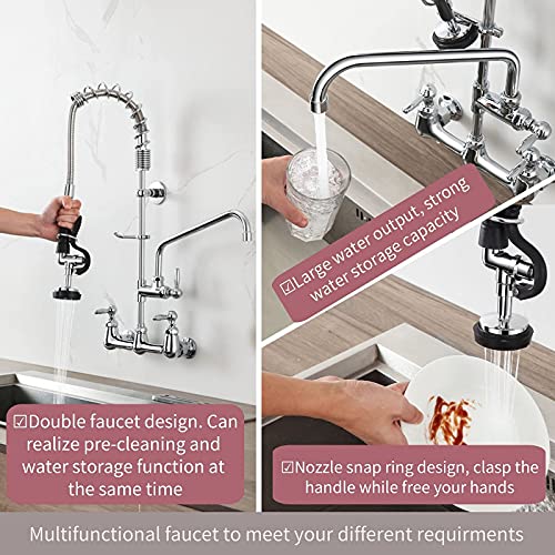 8 Inch Center Wall Mount Commercial Sink Faucet with Sprayer, 26'' Height with Pull Down Pre-Rinse Sprayer & 12" spout, with Thickened Hose for 2-3 Compartment Utility Sink