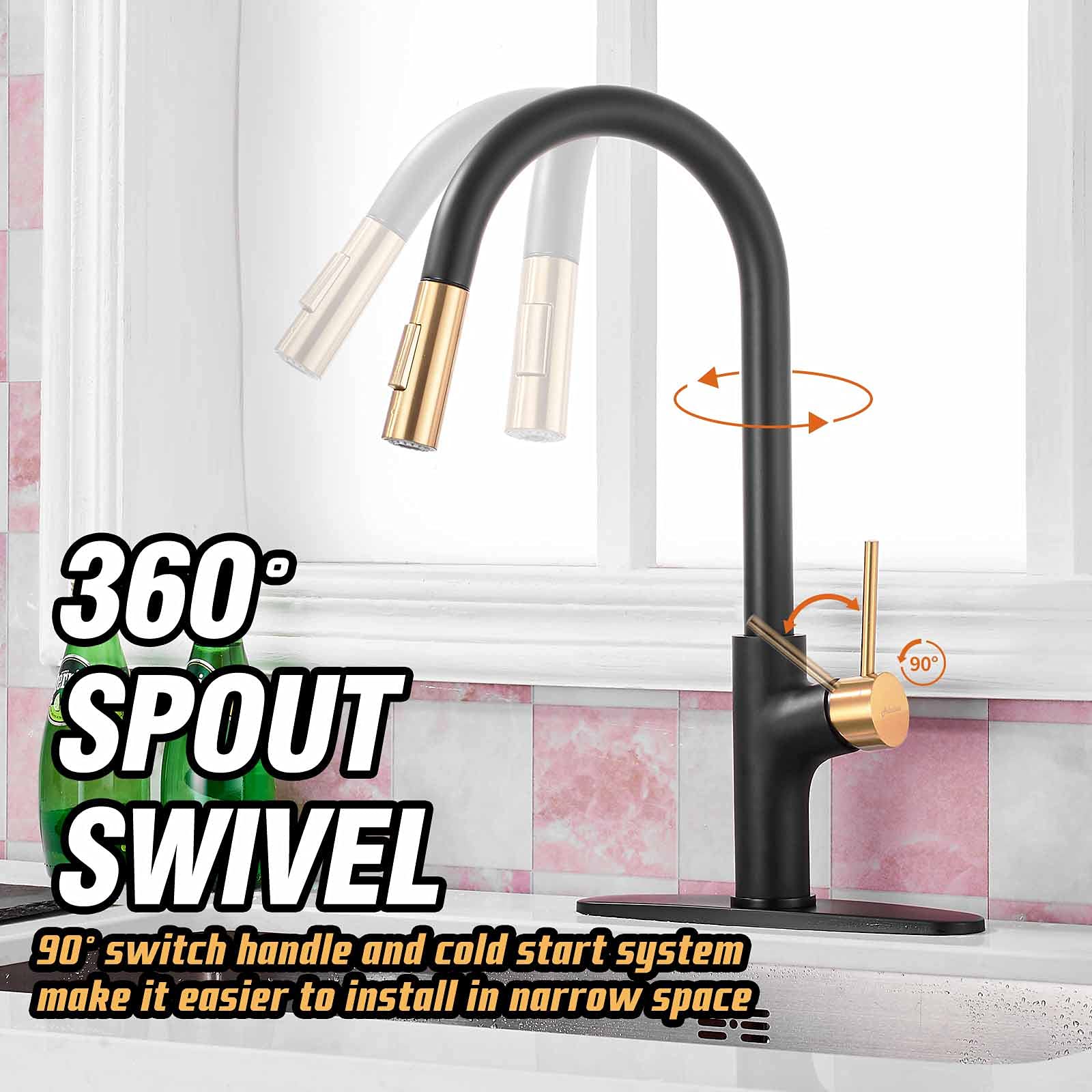 Achelous Black and Gold Kitchen Faucet with Pull Down Magnetic Docking Sprayer,Stainless Steel Pull Out RV Kitchen Sink Faucets,Single Handle Deck Mount,Grifos De Cocina (Black and Gold)