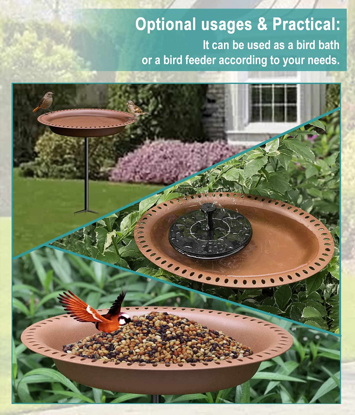 Garbuildman Extra-Large Freestanding Birdbaths Bowl, Detachable Decoration Spa with Metal Stake Stand & Birdfeeder for Outdoor Garden, Oval Style, Chocolate