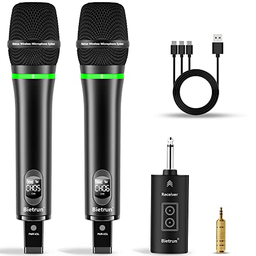 Bietrun Rechargeable Wireless Microphone, Dual Metal Cordless Handheld Dynamic Wireless Mics with 1/4'' Output for Karaoke, Meeting, Singing, Church, Wedding(UHF 240ft Range)(Receiver with Bluetooth)