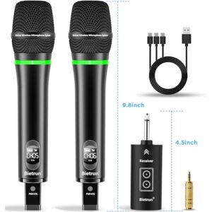 Bietrun Rechargeable Wireless Microphone, Dual Metal Cordless Handheld Dynamic Wireless Mics with 1/4'' Output for Karaoke, Meeting, Singing, Church, Wedding(UHF 240ft Range)(Receiver with Bluetooth)