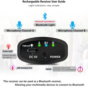 Bietrun Rechargeable Wireless Microphone, Dual Metal Cordless Handheld Dynamic Wireless Mics with 1/4'' Output for Karaoke, Meeting, Singing, Church, Wedding(UHF 240ft Range)(Receiver with Bluetooth)