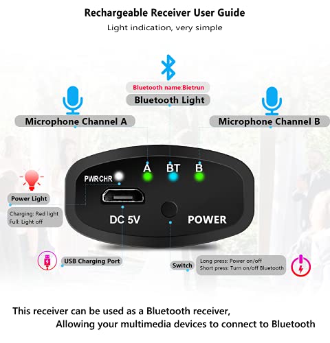 Bietrun Rechargeable Wireless Microphone, Dual Metal Cordless Handheld Dynamic Wireless Mics with 1/4'' Output for Karaoke, Meeting, Singing, Church, Wedding(UHF 240ft Range)(Receiver with Bluetooth)