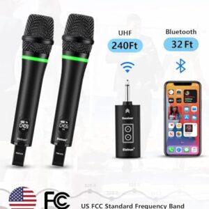 Bietrun Rechargeable Wireless Microphone, Dual Metal Cordless Handheld Dynamic Wireless Mics with 1/4'' Output for Karaoke, Meeting, Singing, Church, Wedding(UHF 240ft Range)(Receiver with Bluetooth)