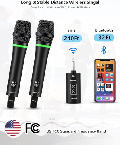 Bietrun Rechargeable Wireless Microphone, Dual Metal Cordless Handheld Dynamic Wireless Mics with 1/4'' Output for Karaoke, Meeting, Singing, Church, Wedding(UHF 240ft Range)(Receiver with Bluetooth)