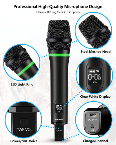 Bietrun Rechargeable Wireless Microphone, Dual Metal Cordless Handheld Dynamic Wireless Mics with 1/4'' Output for Karaoke, Meeting, Singing, Church, Wedding(UHF 240ft Range)(Receiver with Bluetooth)