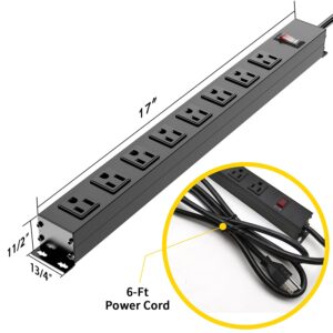 BERIGTTA 8 Outlet Metal Power Strip, Wall Mount Workshop Power Strip with Switch for Home, Office, School, Workshop and Industrial Environments, 15A 125V 1875W, 14AWG Power Cord (6FT)