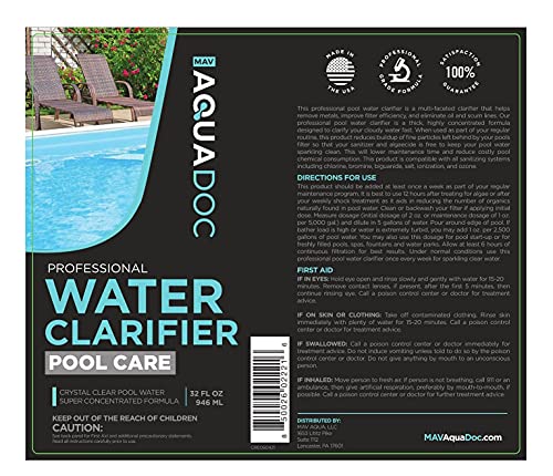 Pool Clarifier Liquid for Fast Acting Cloudy Water Treatment, Swimming Pool Water Clarifier Pool Owners Love, Use Our Clarifier to Keep Your Pool Clear | AquaDoc 32oz