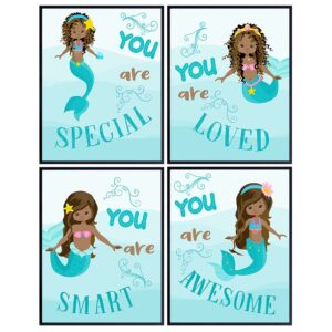 african american girl wall decor - black art poster set 8x10 - cute mermaid wall decor - toddler, little girls bedroom decor - afro-american gifts - light blue room decor baby girl room decorations