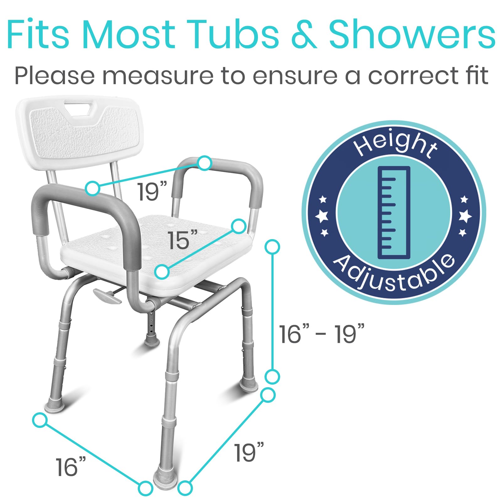 Vive Swivel Shower Chair for Seniors, Elderly, Disabled - Narrow Handicap Tub Bench for Inside Shower - with Arms & Back, Height Adjustable - 360° Rotating Bathtub Seat for Easy Mobility