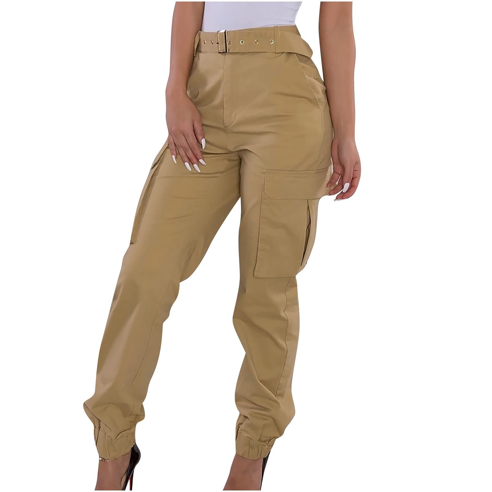 Bravetoshop Women's Cargo Pants Slim Fit Multi-Pocket Casual Pants Lightweight Outdoor Combat Hiking Trousers (Khaki,S)