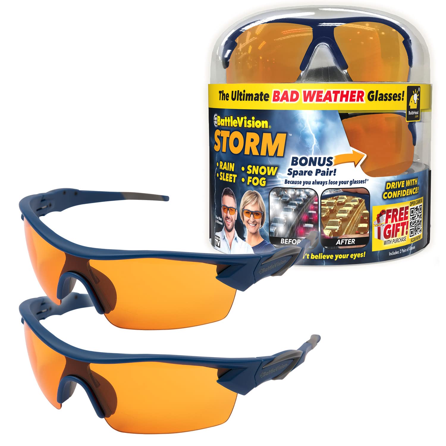 BattleVision Storm Glare-Reduction Glasses by BulbHead, See Clearly During Bad Weather Day or Night, Great for ALL Weather Conditions, Optimize Light & Block Blue Rays, Unisex Design, 2 Pairs