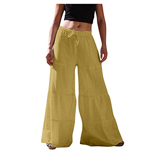 Bravetoshop Women's Cotton Linen Long Pants High Waist Drawstring Wide Leg Pants Loose Fit Casual Trousers (Yellow,XL)