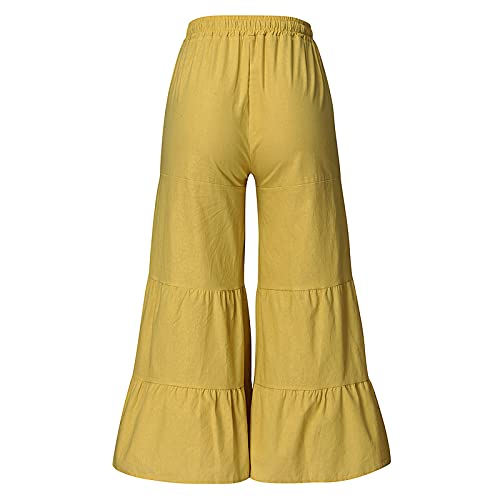 Bravetoshop Women's Cotton Linen Long Pants High Waist Drawstring Wide Leg Pants Loose Fit Casual Trousers (Yellow,XL)