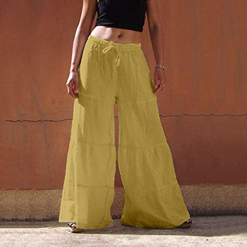 Bravetoshop Women's Cotton Linen Long Pants High Waist Drawstring Wide Leg Pants Loose Fit Casual Trousers (Yellow,XL)