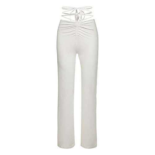 Bravetoshop Women's Regular Fit Straight Leg Pants Crisscross High Waist Casual Trousers Y2K Fashion Streetwear (White,S)