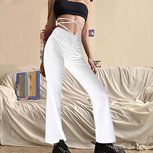 Bravetoshop Women's Regular Fit Straight Leg Pants Crisscross High Waist Casual Trousers Y2K Fashion Streetwear (White,S)