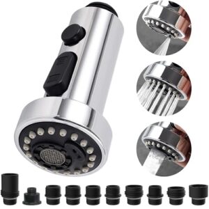 ifealclear pull down kitchen faucet spray head, 3 function kitchen sink sprayer replacement nozzle, 10 adapters compatible with moen delta faucet, kitchen sink faucet replacement parts, chrome