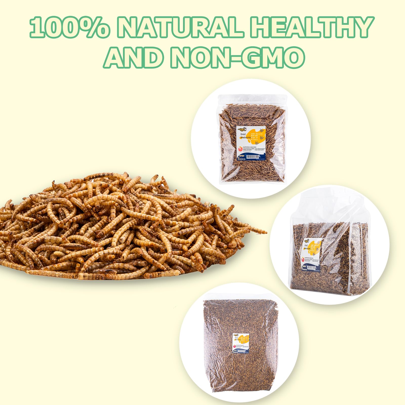 RANZ 2LBS Non-GMO Dried Mealworms for Chickens, High Protein Meal Worms, Premium Chicken Feed, Whole Large Mealworms for Wild Birds, Ducks, Fish