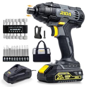 rida cordless impact driver kit,180n.m. 20v impact drill driver set 1/4" all-metal hex chuck, 0-2800rpm variable speed, 2.0ah battery & fast charger, 25 pcs s2 bits &tool bag new year gift