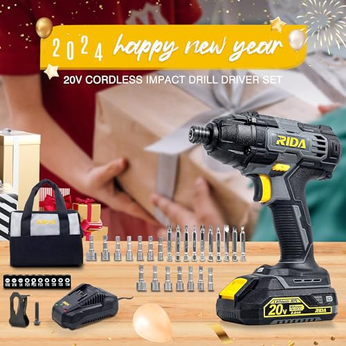 RIDA Cordless Impact Driver Kit,180N.m. 20V Impact Drill Driver Set 1/4" All-Metal Hex Chuck, 0-2800RPM Variable Speed, 2.0Ah Battery & Fast Charger, 25 Pcs S2 Bits &Tool Bag New Year Gift